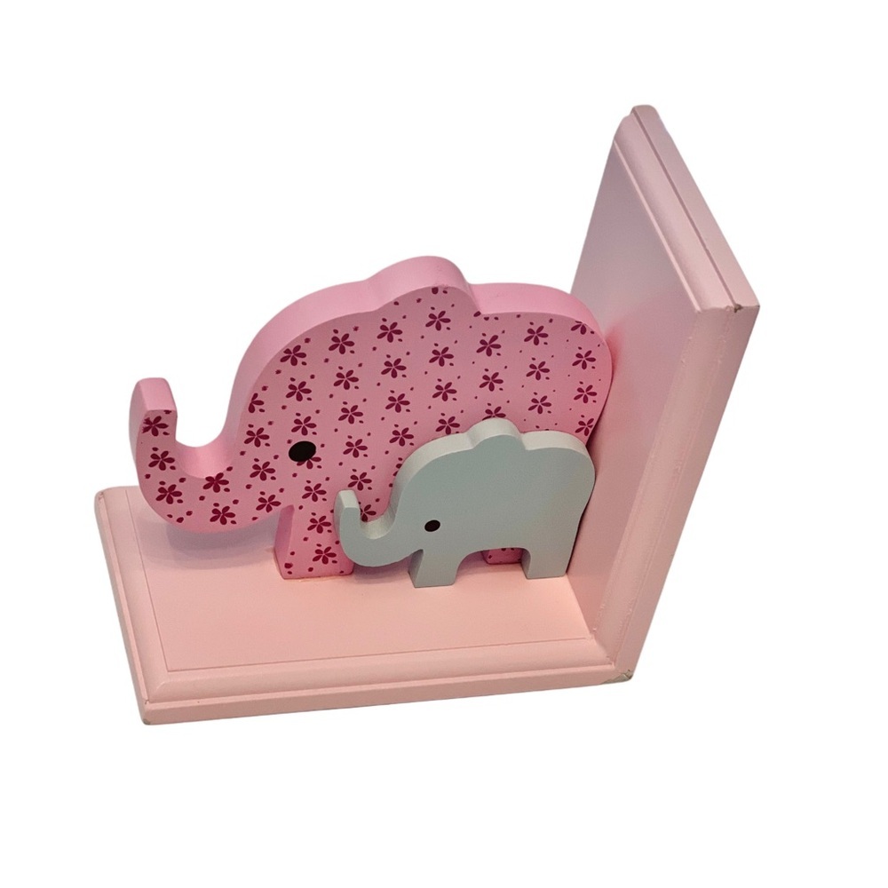Pink and Gray Elephant Floral Wooden Bookends for Kids Nursery - Picture 5 of 7